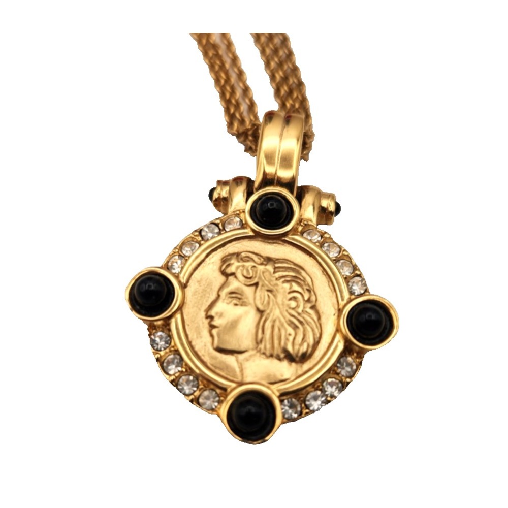 Bob Mackie Roman Head Gold Rhinestone Jet Accent Necklace Double Strand Chain